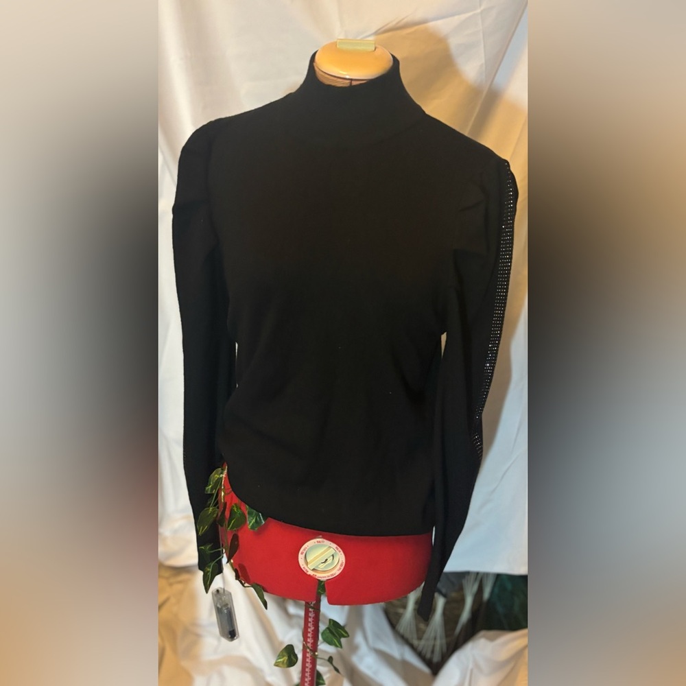 Marled Black Long Sleeve Shirt with Embellished Sleeves